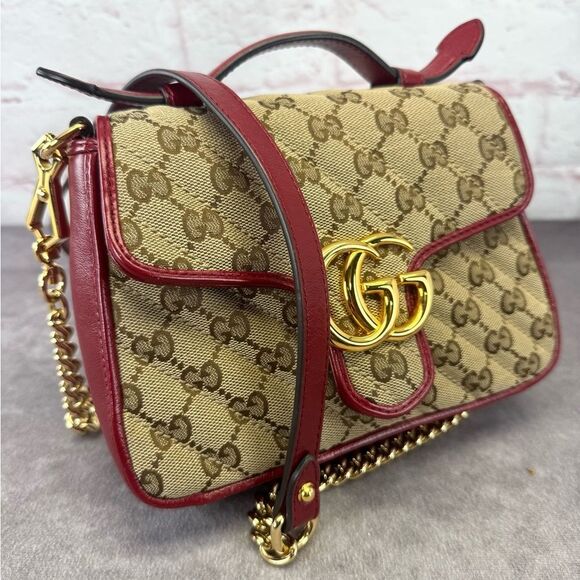 Gucci Marmont Matelasse Top Handle GG Khaki Red Shoulder Bag - Picture 1 of 13